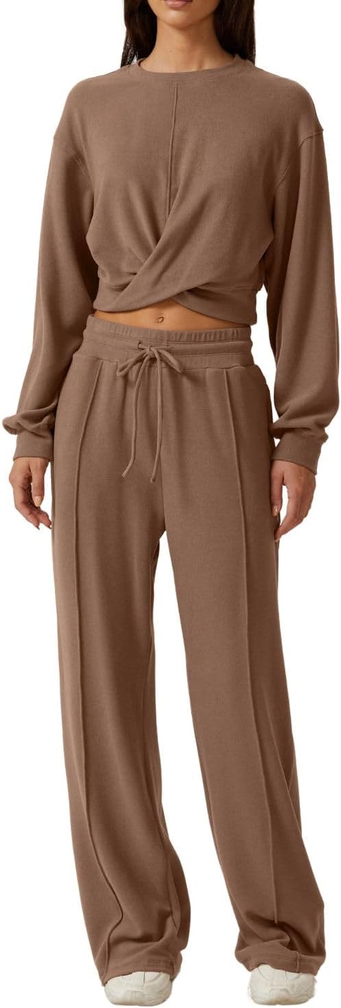 Women 2 Piece Outfits Sweatsuit Set Twist Front Cropped Sweatshirt Wide Leg Sweatpant Lounge Set Tracksuit