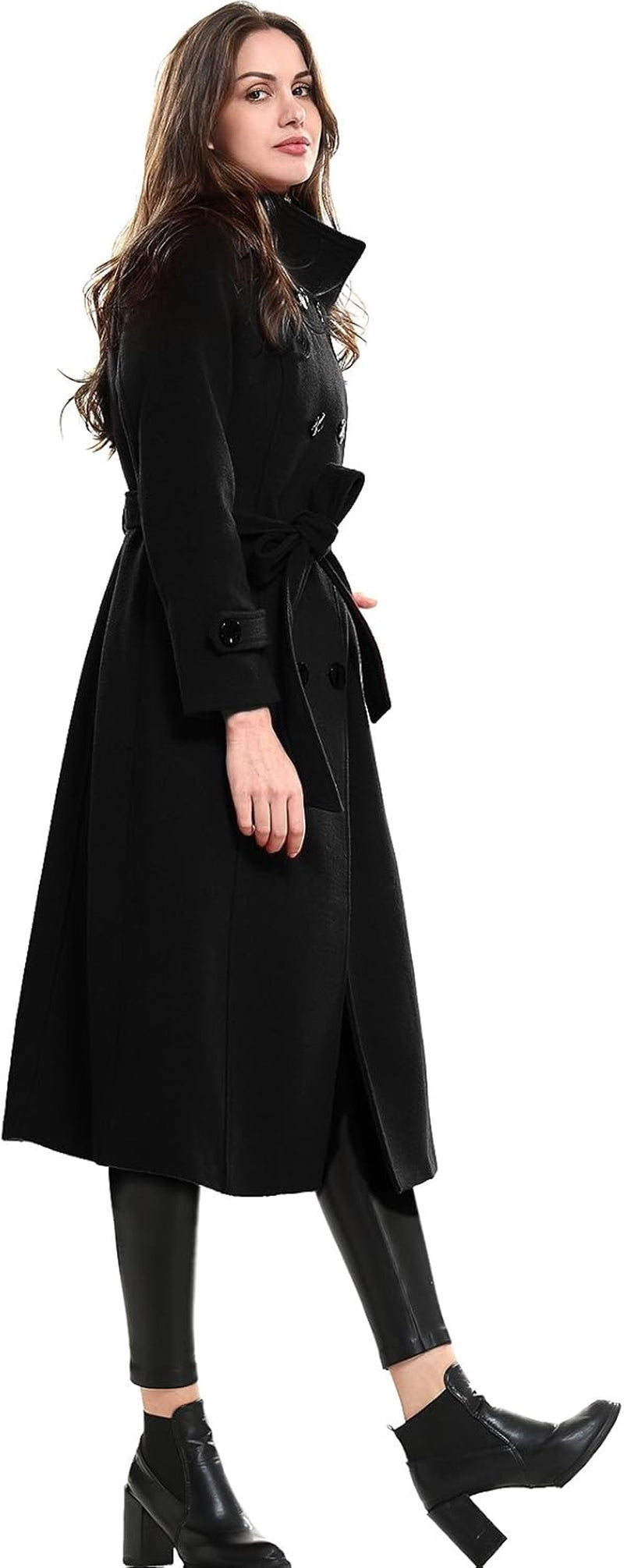 Women'S Wool Trench Coat Winter Double-Breasted Jacket with Belts