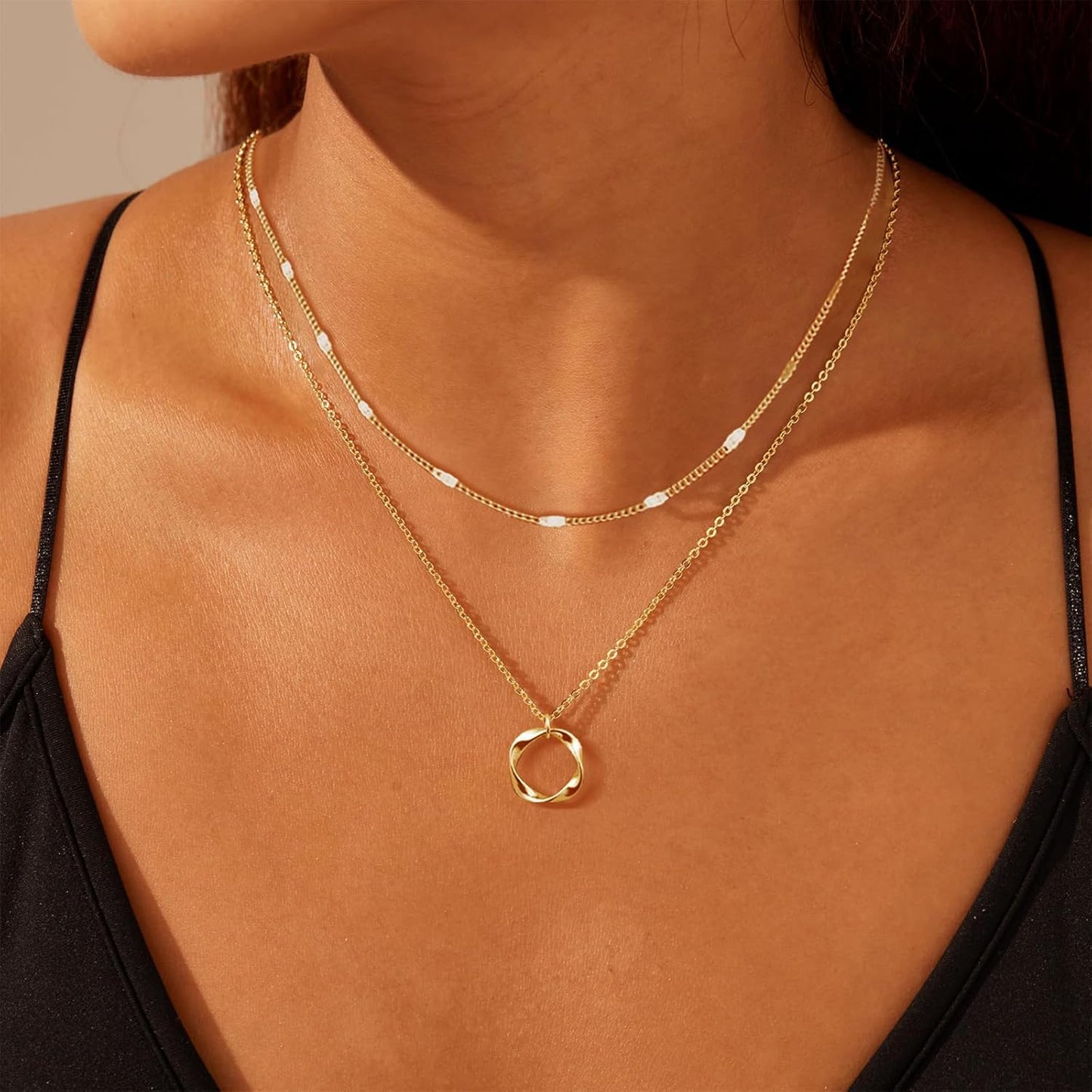 Gold Layered Necklaces for Women 14K Gold Plated Dainty Stackable Choker Necklaces for Women Trendy Layering Circle Paperclip Chain Cute Pendant Necklace Set Gold Jewelry for Women