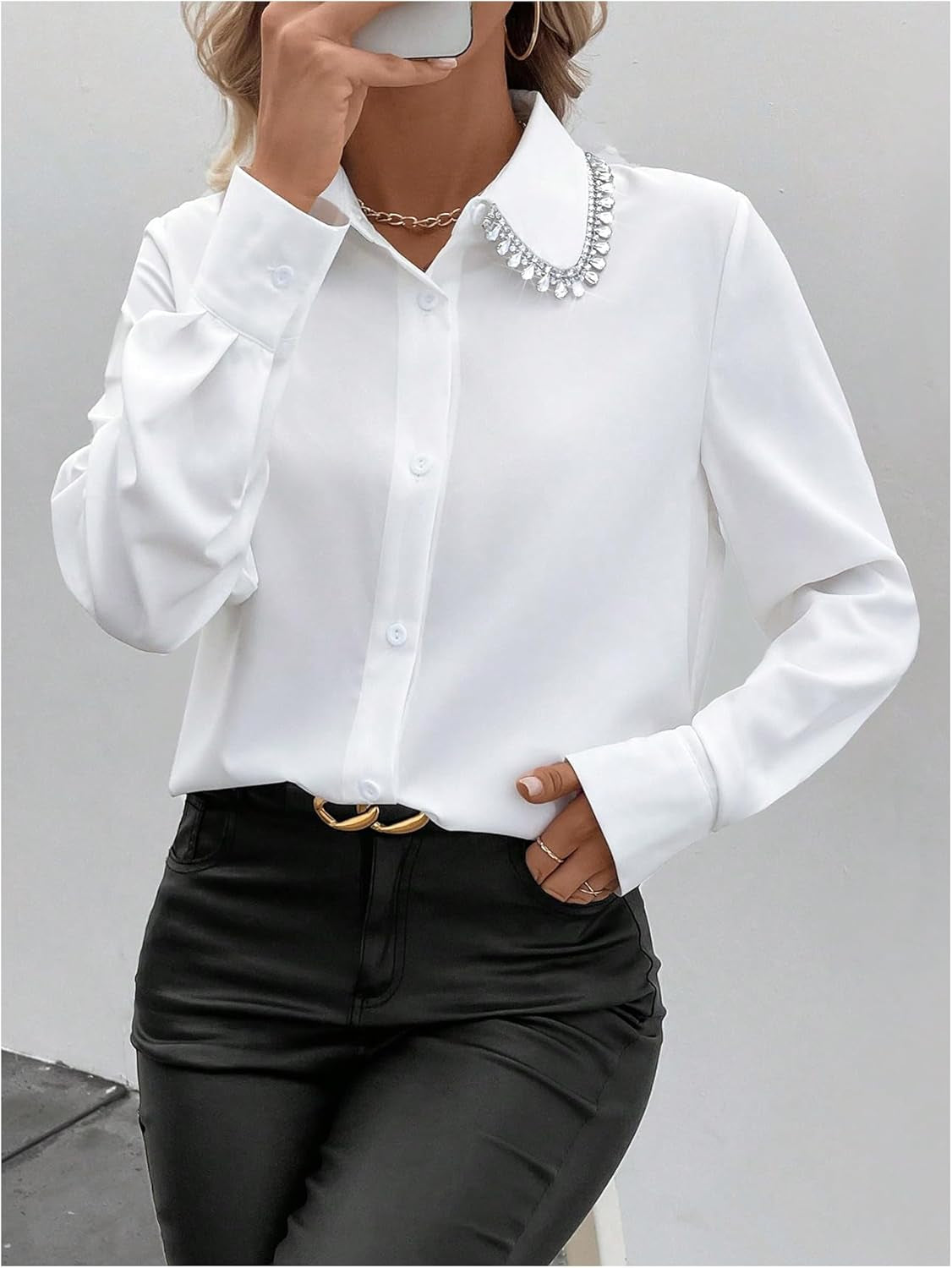 Women'S Long Sleeve Button down Blouses Rhinestone Decor Work Tops