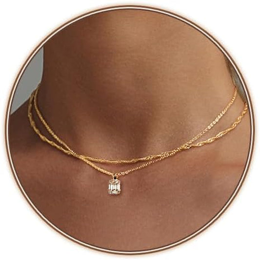 Diamond Necklaces for Women, Dainty Gold Necklace 18K Gold Plated Layered Necklaces Simple Gold CZ Diamond Pendant Necklaces for Women Trendy Jewelry Gifts for Girls