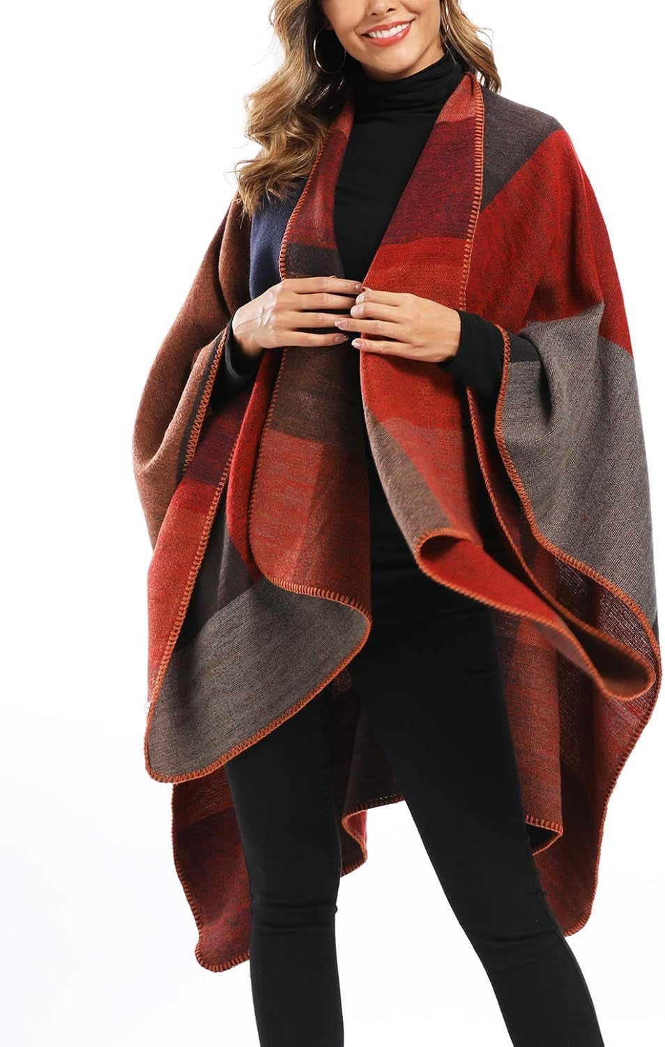 Women'S Color Block Shawl Wrap plus Size Cardigan Poncho Cape Open Front Long Winter Sweater Coat