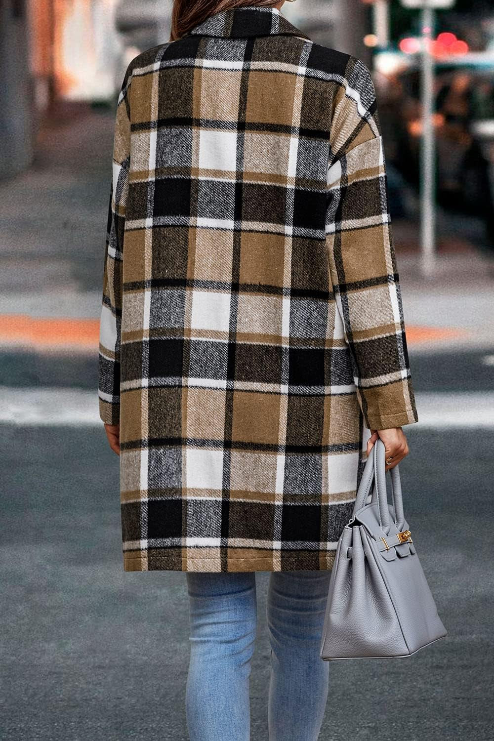 Women'S Plaid Shacket Jacket Trendy Casual Button Wool Blend Winter Tartan Trench Coat with Pockets