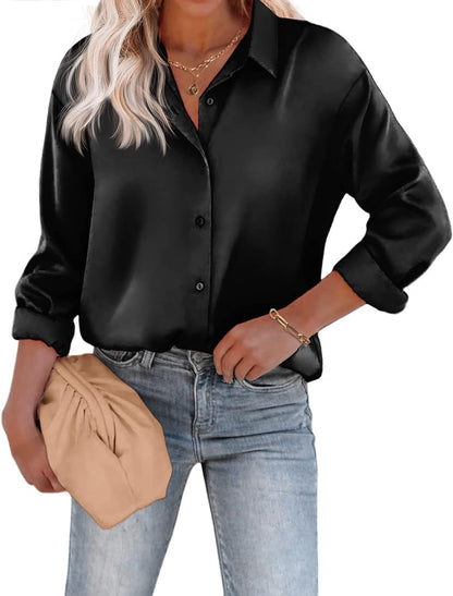 Women'S Blouse Satin Silk Shirts Button down Shirts Casual Loose Long Sleeve Office Work Tunic Tops