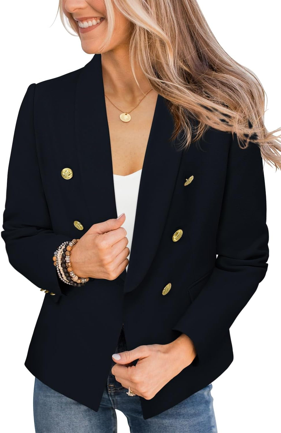 Womens Casual Blazer Jacket Gold Button Long Sleeve Work 0Ffice Blazer Lapel Jacket