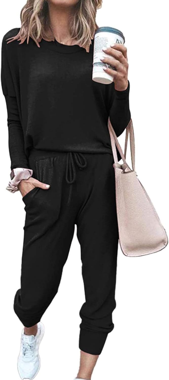 Women'S Fall 2 Piece Lounge Outfit Long Sleeve Crewneck Pullover Tops High Waisted Pants Set Tracksuit