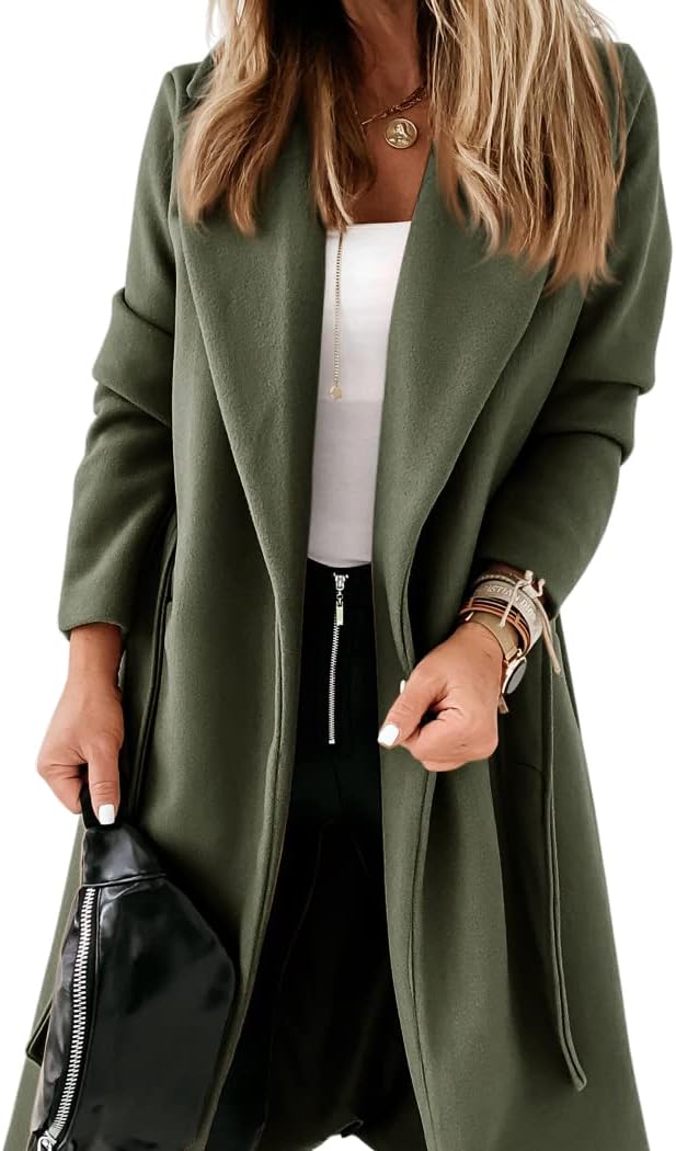 Womens Classic Coat Lapel Collar Open Front Belted Long Jacket