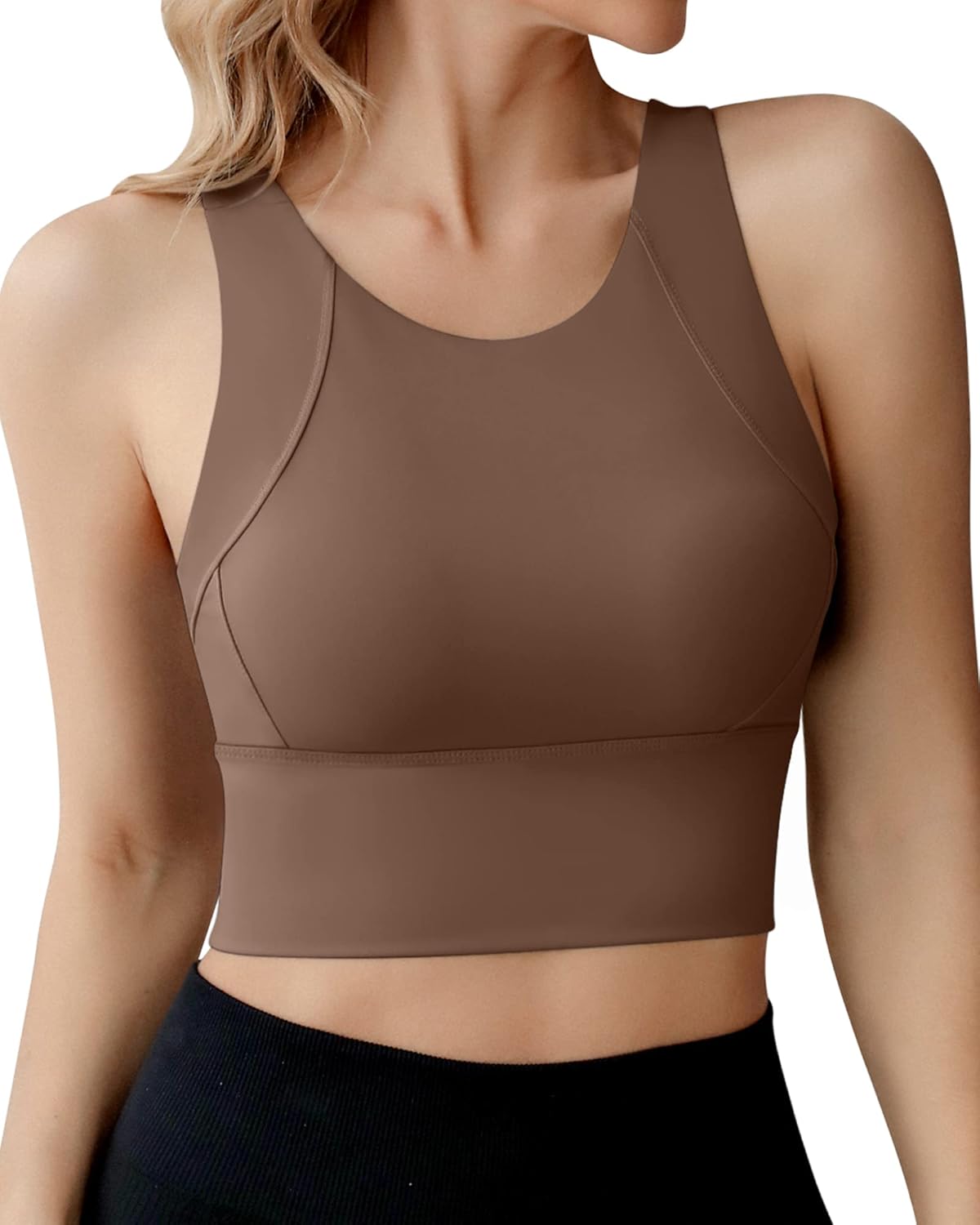 High Neck Sports Bra for Women Longline Medium Impact Workout Crop Tank Tops Wirefree Padded Yoga Bra Gym