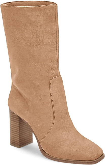 Women’S Mid-Calf Boots Chunky Stacked Heel Square Toe Side Zipper Slip-On Suede Winter Booties