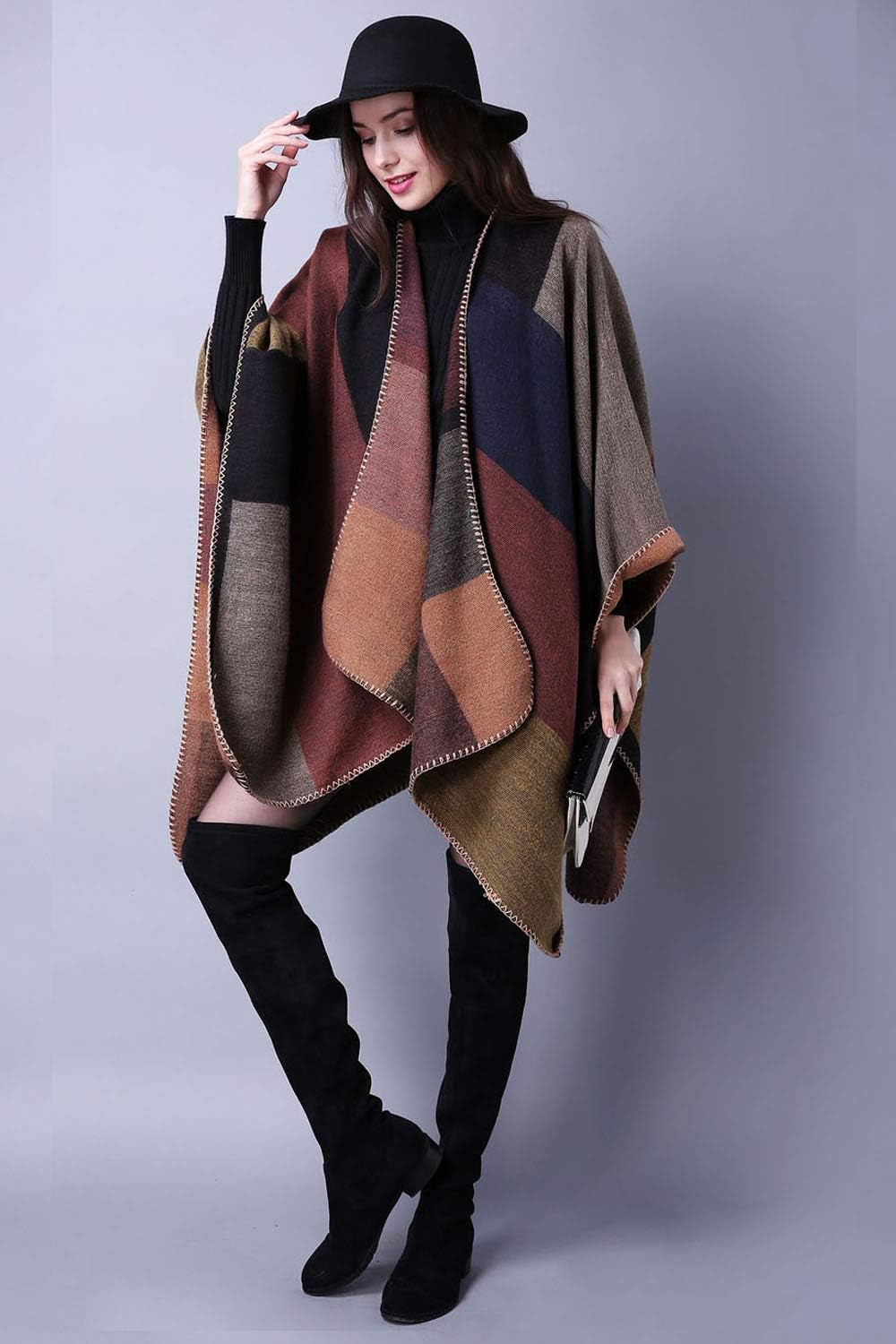 Women'S Plaid Sweater Poncho Cape Coat Open Front Blanket Shawls and Wraps