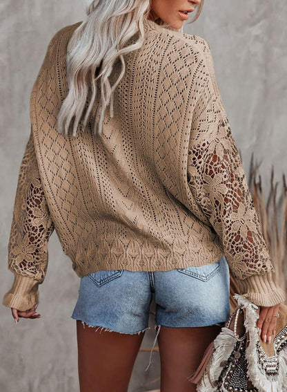 Womens Crewneck Crochet Lace Long Sleeve Hollow Out Cable Knit Sweaters Pullover Tops