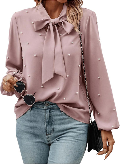 Women'S Pearls Bow Tie Mock Neck Long Sleeve Shirts Casual Loose Fit Blouse Top