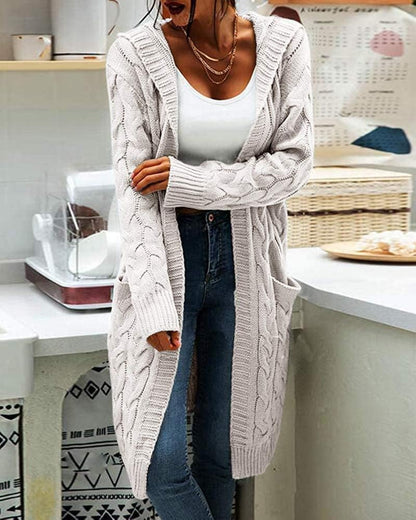 Women Hooded Open Front Cardigan Cable Knit Sweaters Solid Color Chunky Long Sweater Coats