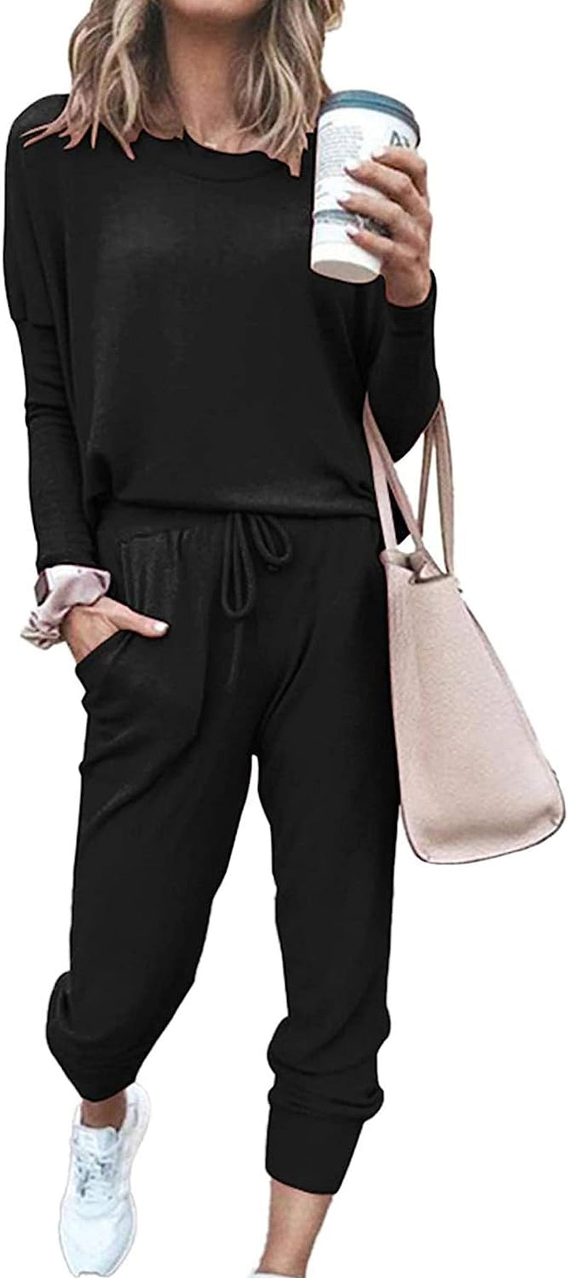 Women'S Fall 2 Piece Lounge Outfit Long Sleeve Crewneck Pullover Tops High Waisted Pants Set Tracksuit