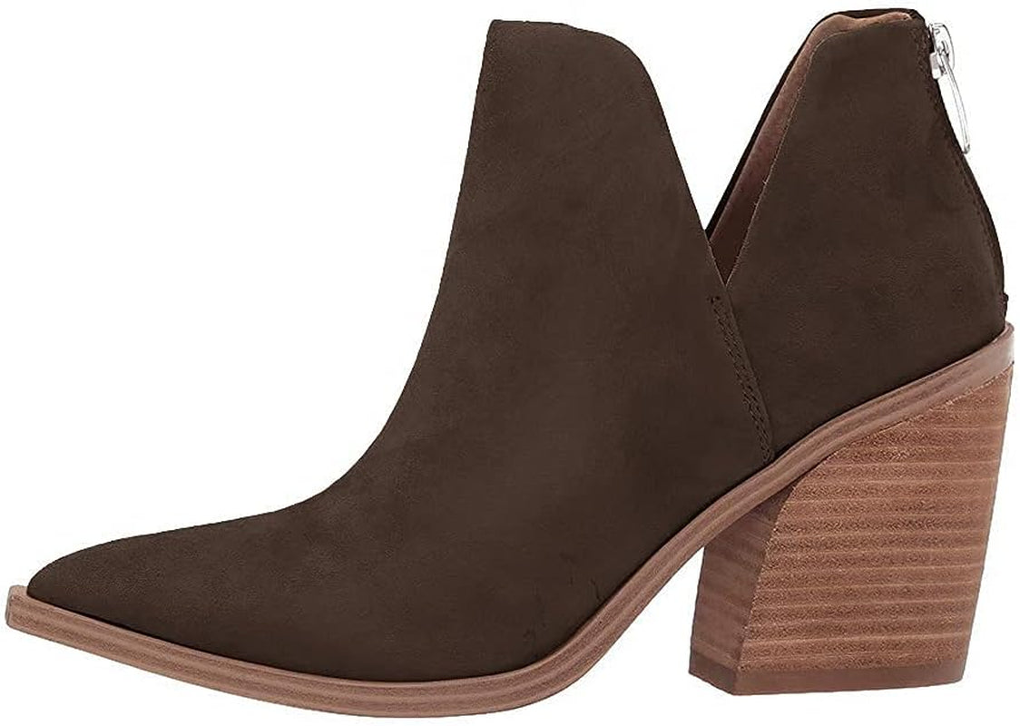 Womens Slip on Ankle Boots V Cutout Pointed Toe Chunky Stacked Mid Heel Booties