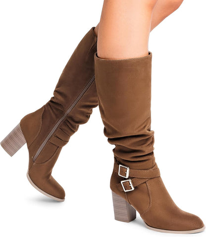 Women'S Knee High Boots Slouchy Chunky Heeled Buckle Long Boots for Women Side Zipper Tall Boots