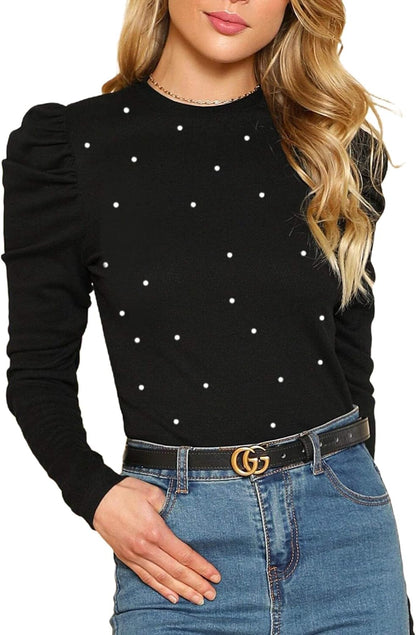 Women'S Solid round Neck Puff Long Sleeve Slim Fit T Shirt Tops