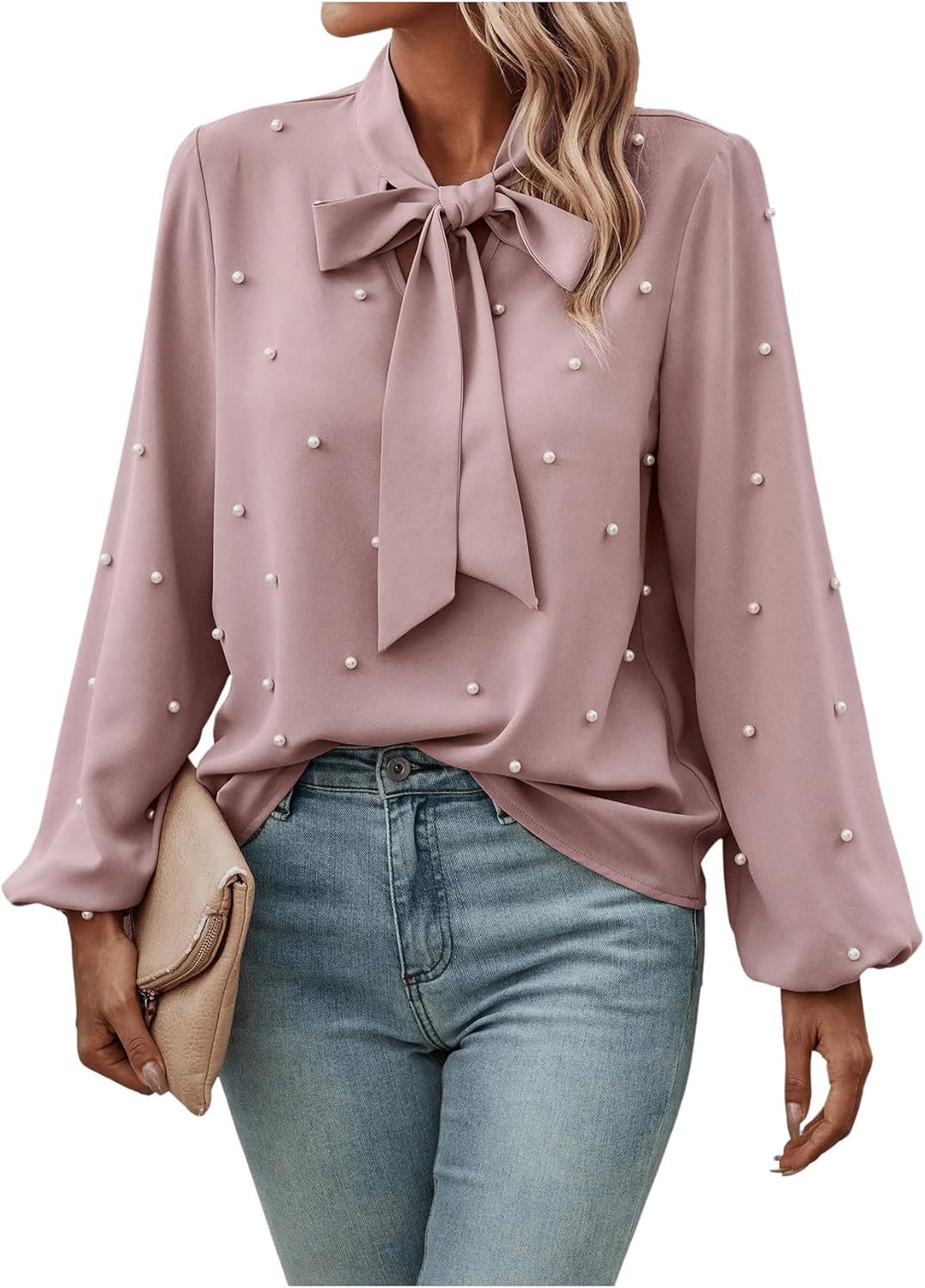 Women'S Pearls Bow Tie Mock Neck Long Sleeve Shirts Casual Loose Fit Blouse Top