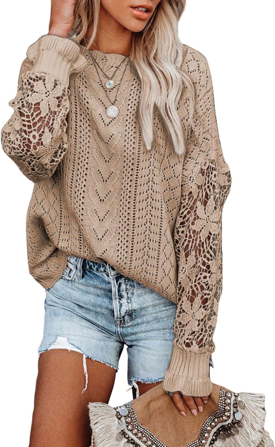 Womens Crewneck Crochet Lace Long Sleeve Hollow Out Cable Knit Sweaters Pullover Tops