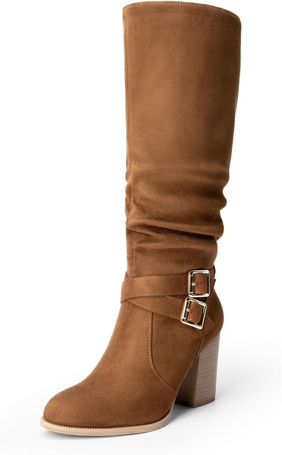 Women'S Knee High Boots Slouchy Chunky Heeled Buckle Long Boots for Women Side Zipper Tall Boots