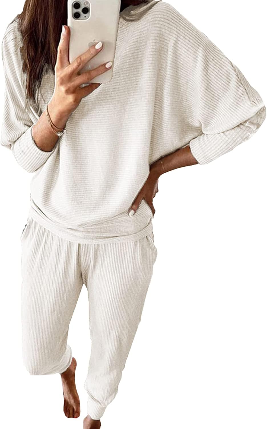 Women'S Fall Fashion Outfits 2 Piece Sweatsuit Long Sleeve Pullover Long Pants Ribbed Matching Lounge Set