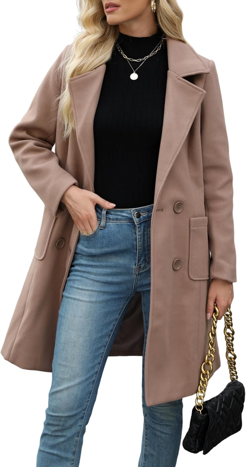 Women Winter Wool Blend Camel Mid-Long Coat Notch Double-Breasted Lapel Jacket Outwear