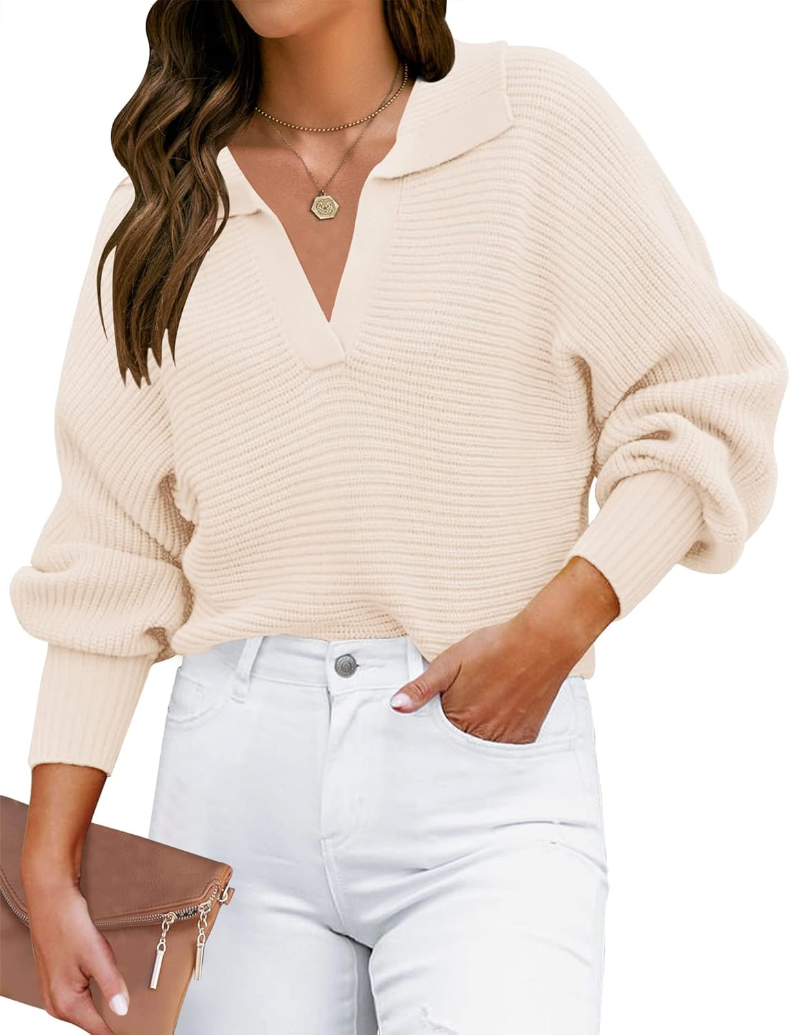 Women'S Fall Lapel Collar V Neck Long Sleeve Ribbed Knit Comfy Loose Casual Pullover Sweater Jumper Top