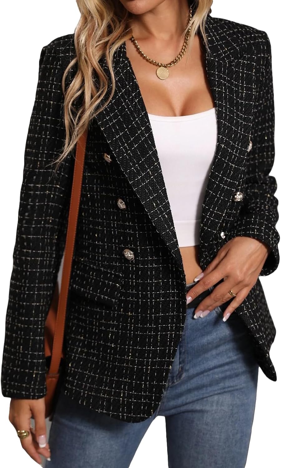 2025 Women'S Spring Tweed Blazer Jacket Plaid Fully-Lined Fashion Business Casual Lapel Elegant Coat with Pockets