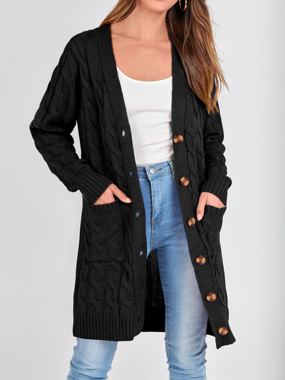 Long Sleeve Cable Knit Long Cardigan for Women 2025 Fall Winter Chunky Open Front Button Sweaters with Pockets