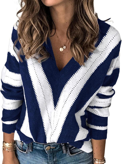 Women'S Fashion Long Sleeve Striped Color Block Knitted Sweater Crew Neck Loose Pullover Jumper Tops