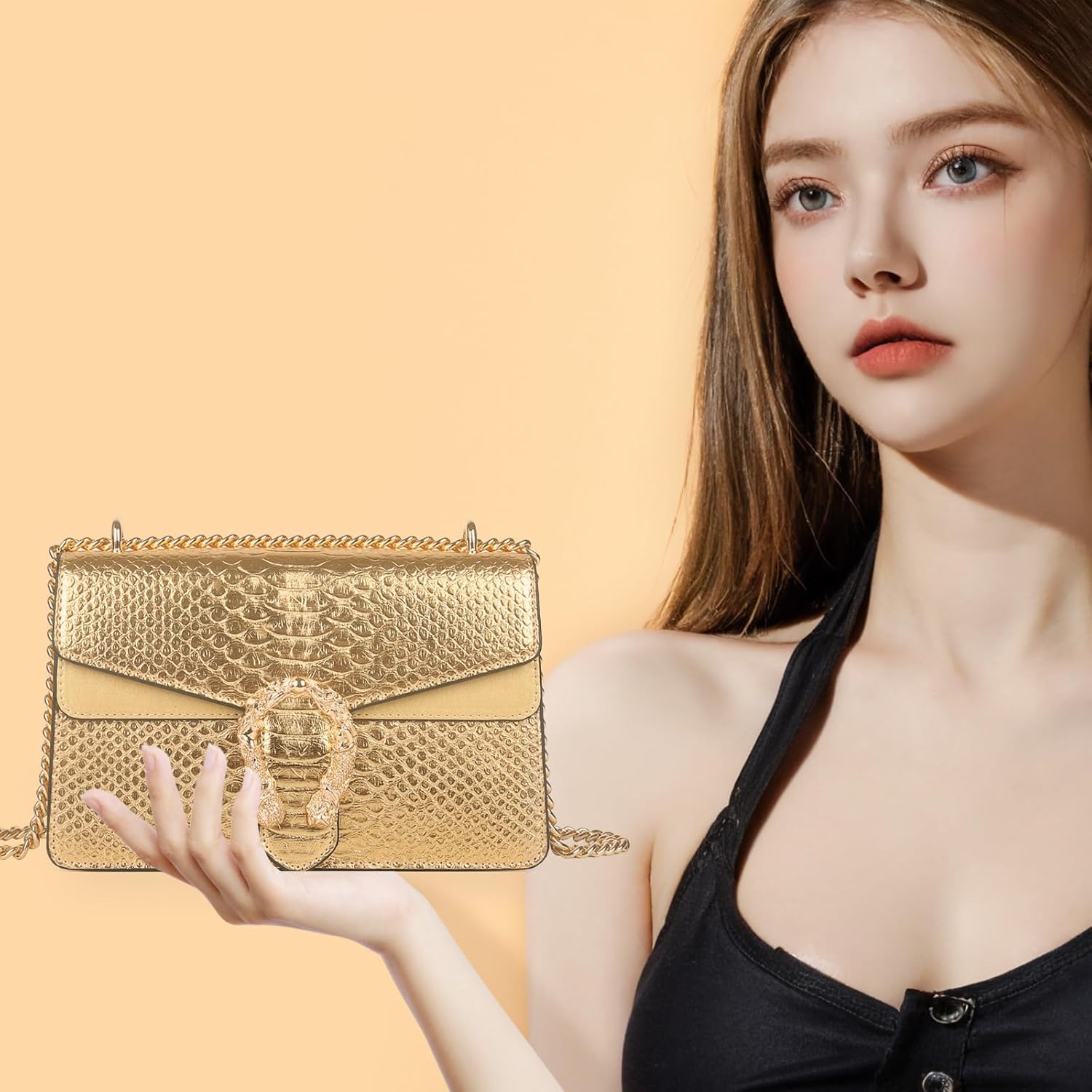 Crossbody Bag and Satchel Purse for Women - Fashion Snake Print Chain Purse Luxury PU Leather Handbag