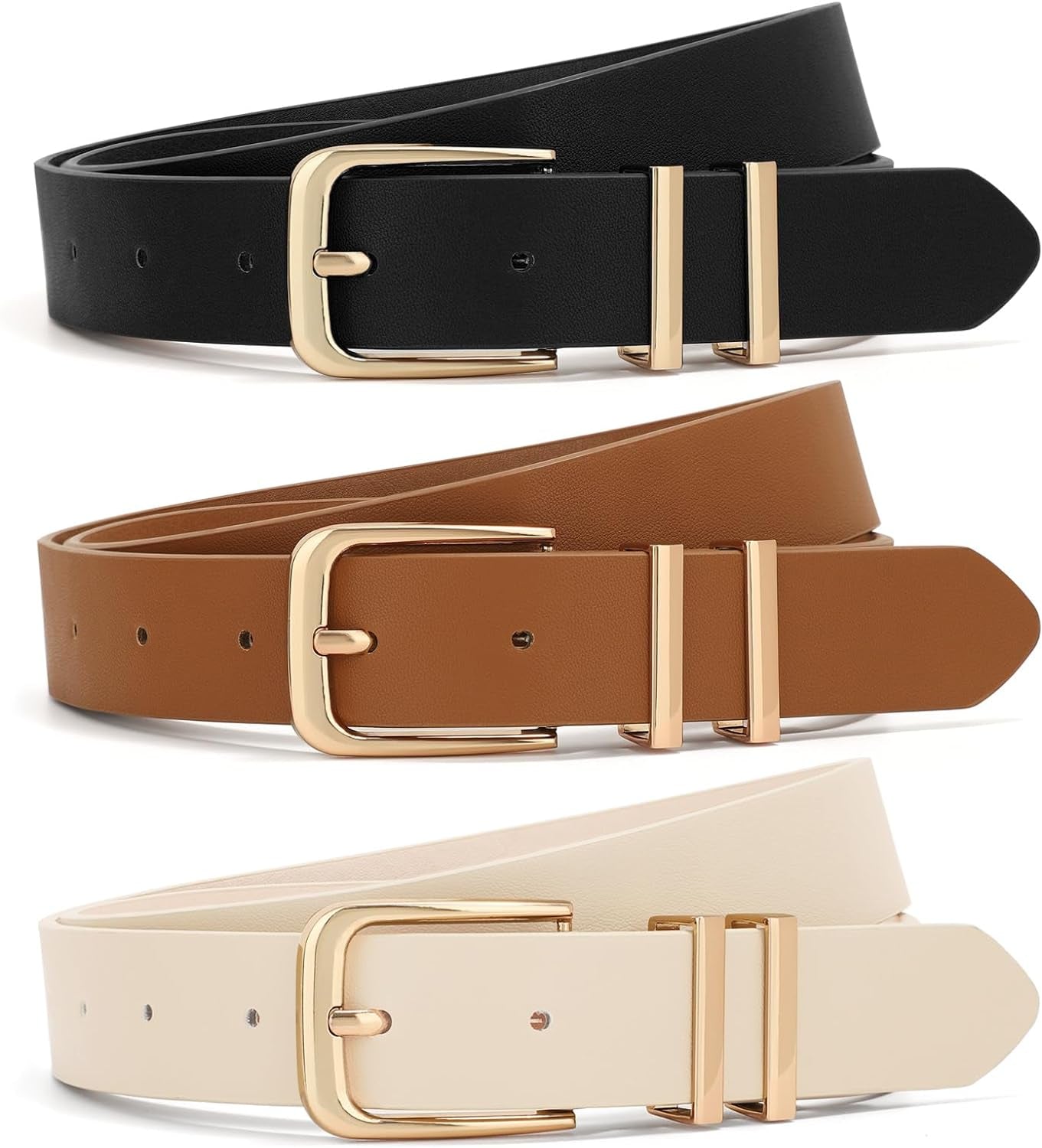 3 Pack Women Belts for Jeans Dresses Pants Ladies Leather Waist Belt with Gold Buckle