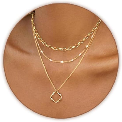 Gold Layered Necklaces for Women 14K Gold Plated Dainty Stackable Choker Necklaces for Women Trendy Layering Circle Paperclip Chain Cute Pendant Necklace Set Gold Jewelry for Women