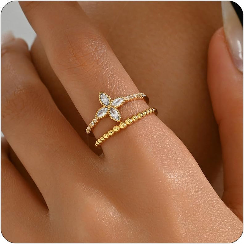 Open Stackable Rings for Women 18K Gold Plated Dainty Cubic Zirconia Wave Cuban Link Chain Flower Feather Hollow Out Adjustable Stacking Rings Wedding Jewelry Gifts