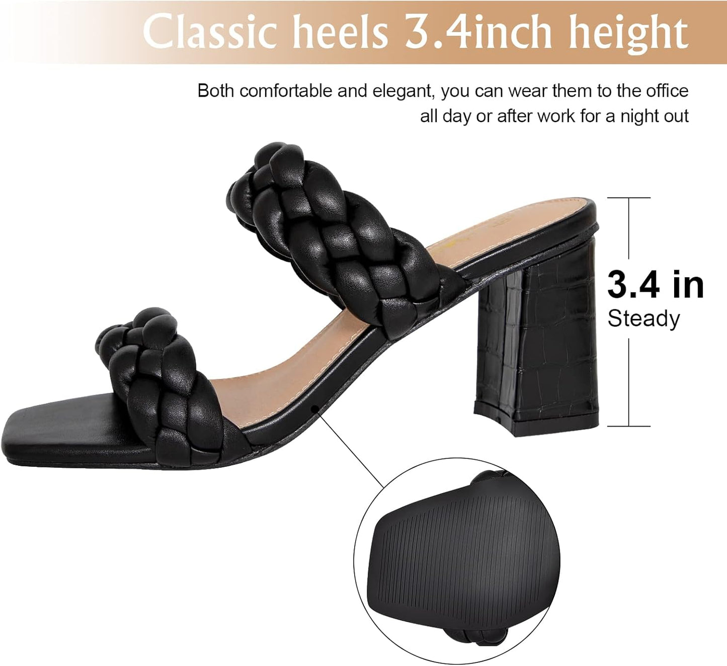 Women'S Braided Heeled Sandals Strappy Square Open Toe Heels Backless Mules Slip on Block Heels