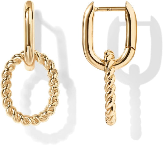 14K Gold Convertible Link Huggie Earrings for Women | Paperclip Link Statement Earrings | Cubic Zirconia Two-Toned Rope Drop Dangle Earrings