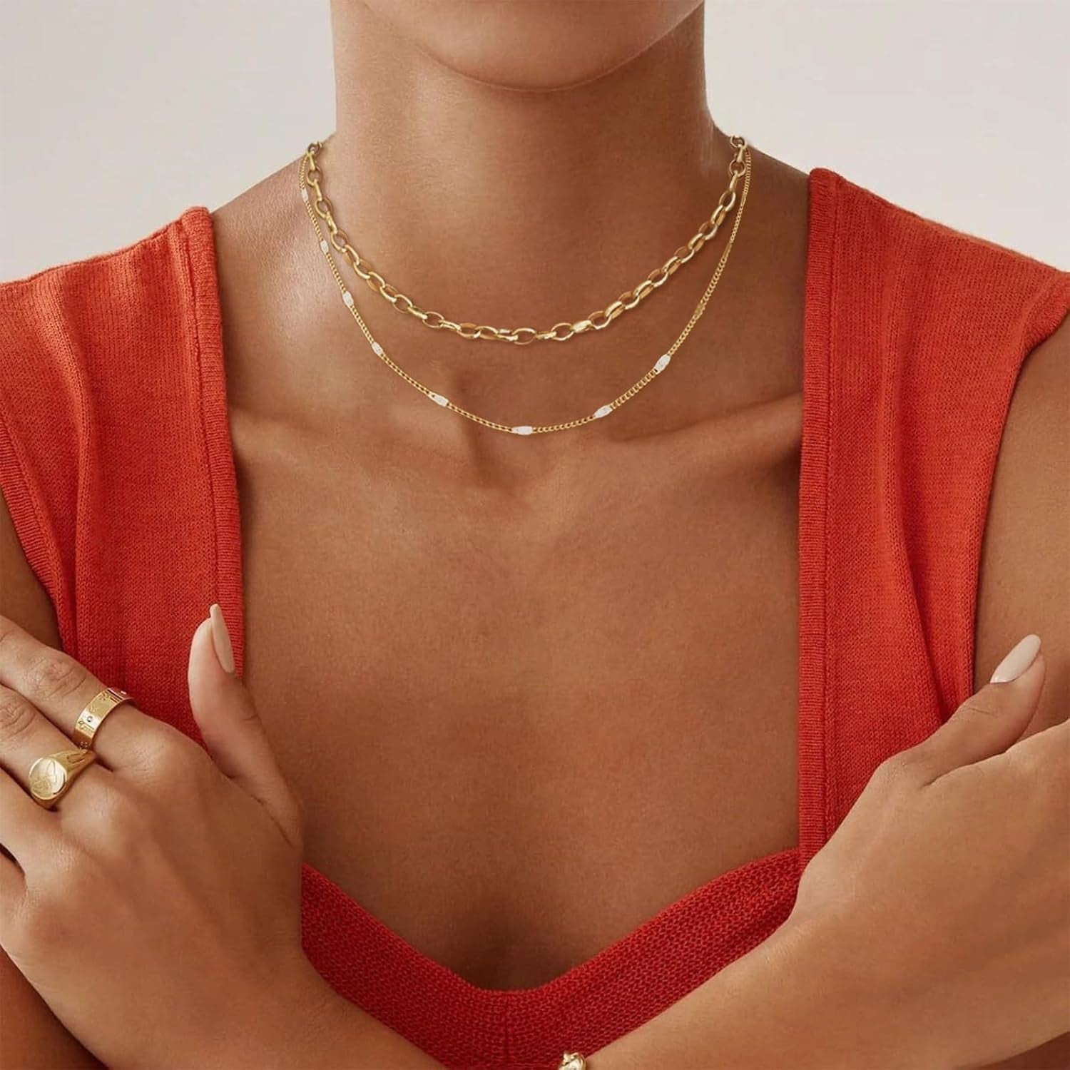 Gold Layered Necklaces for Women 14K Gold Plated Dainty Stackable Choker Necklaces for Women Trendy Layering Circle Paperclip Chain Cute Pendant Necklace Set Gold Jewelry for Women