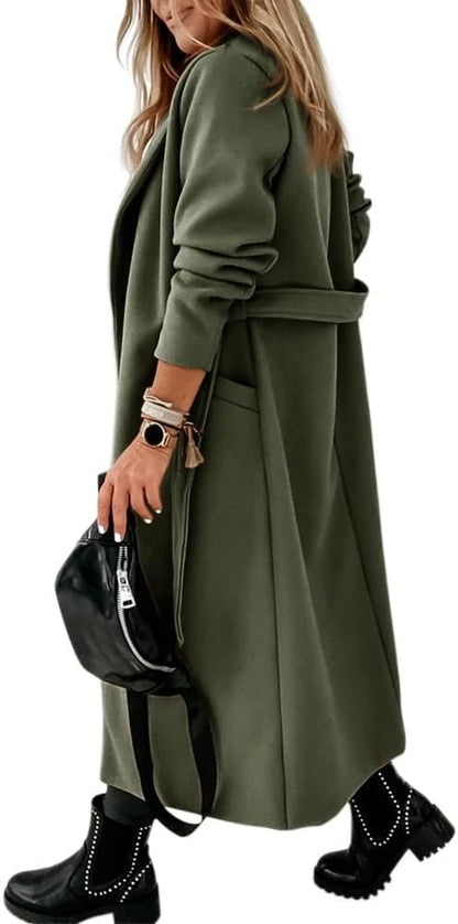 Womens Classic Coat Lapel Collar Open Front Belted Long Jacket