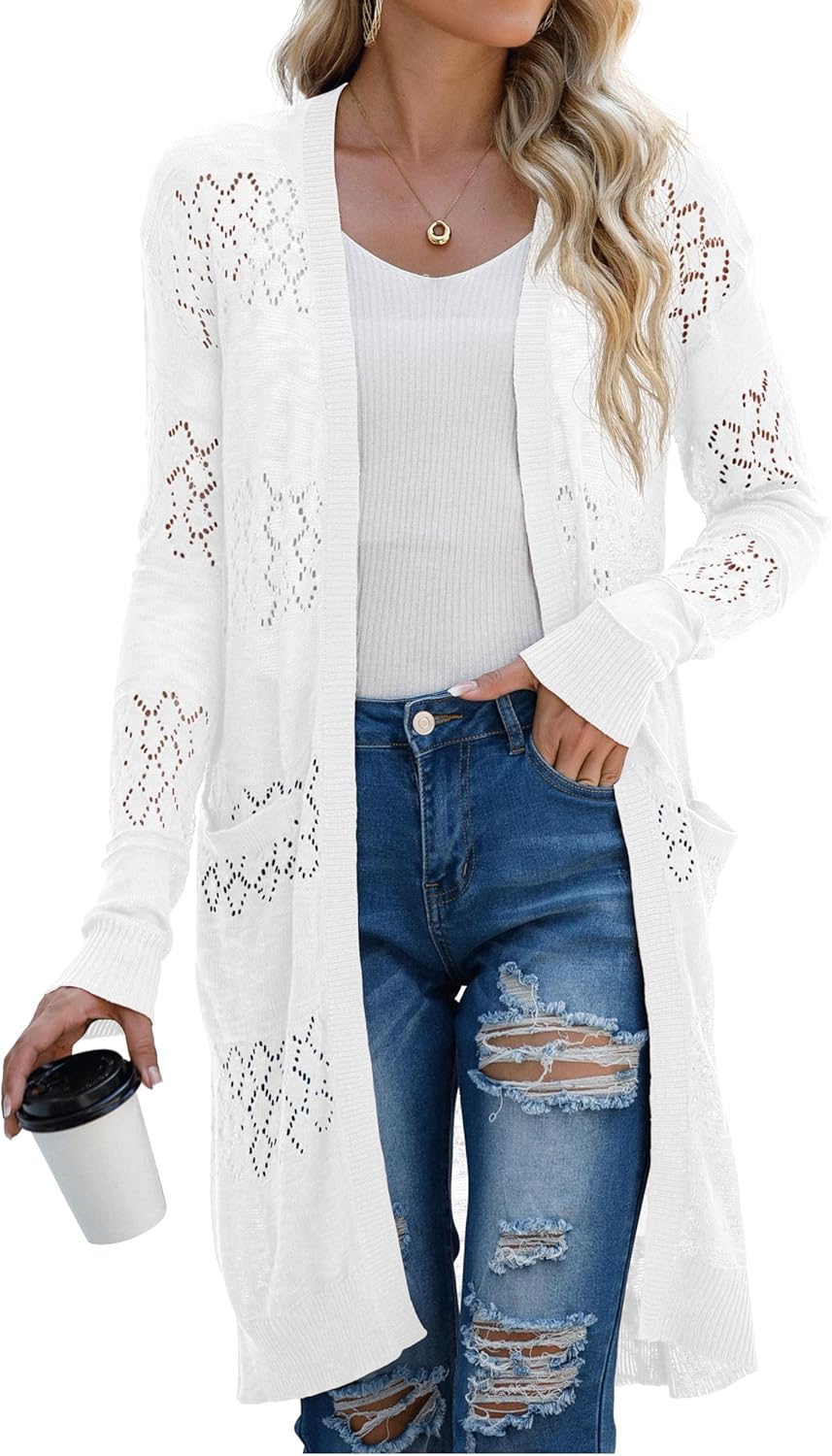 Womens Lightweight Longer Length Cardigan Long Sleeve Casual Crochet Open-Front Sweater with Pockets