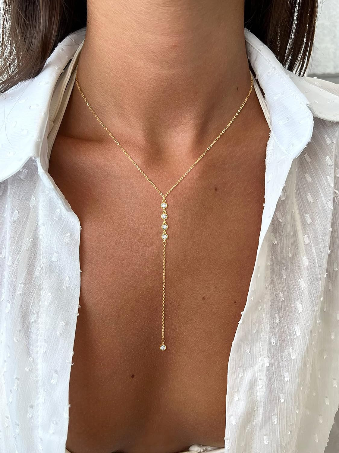 Lariat Gold Necklace for Women, Dainty Long Necklace 14K Gold Plated/Silver Y-Shaped Pendant Necklace Trendy Layered Cz Beaded Chain Drop Necklaces Simple Gold Jewelry for Women Gift