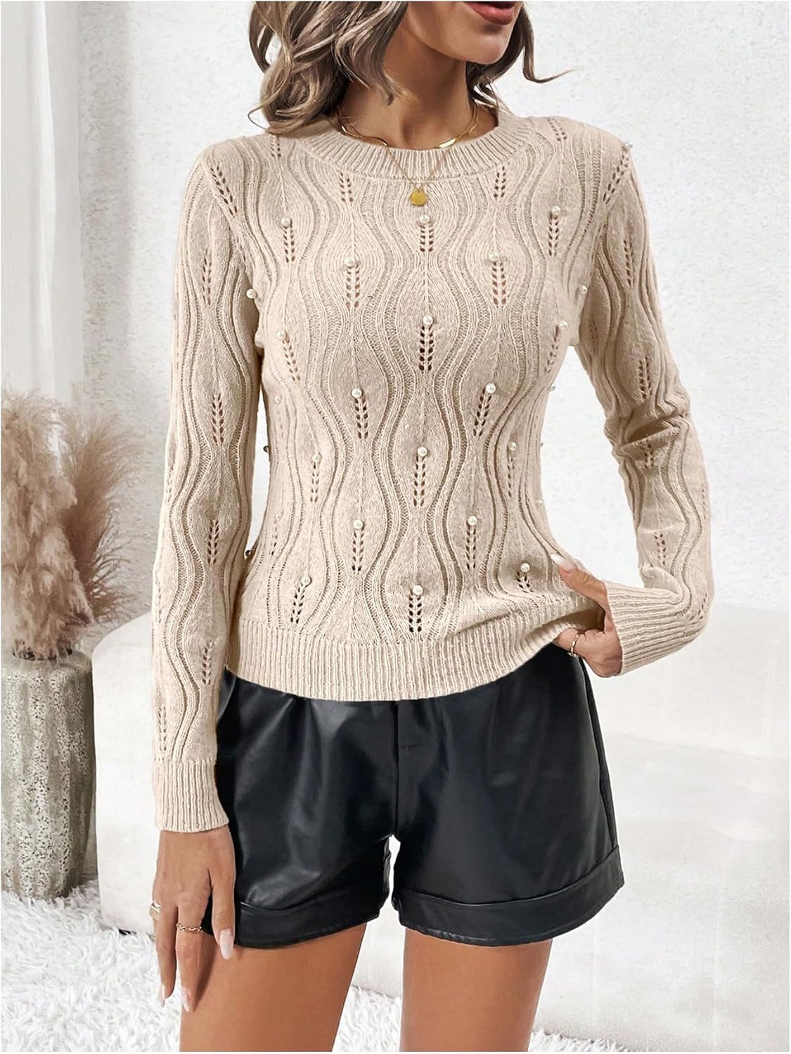 Women'S Pearls Cable Knit Sweater Casual round Neck Long Sleeve Pullover Top