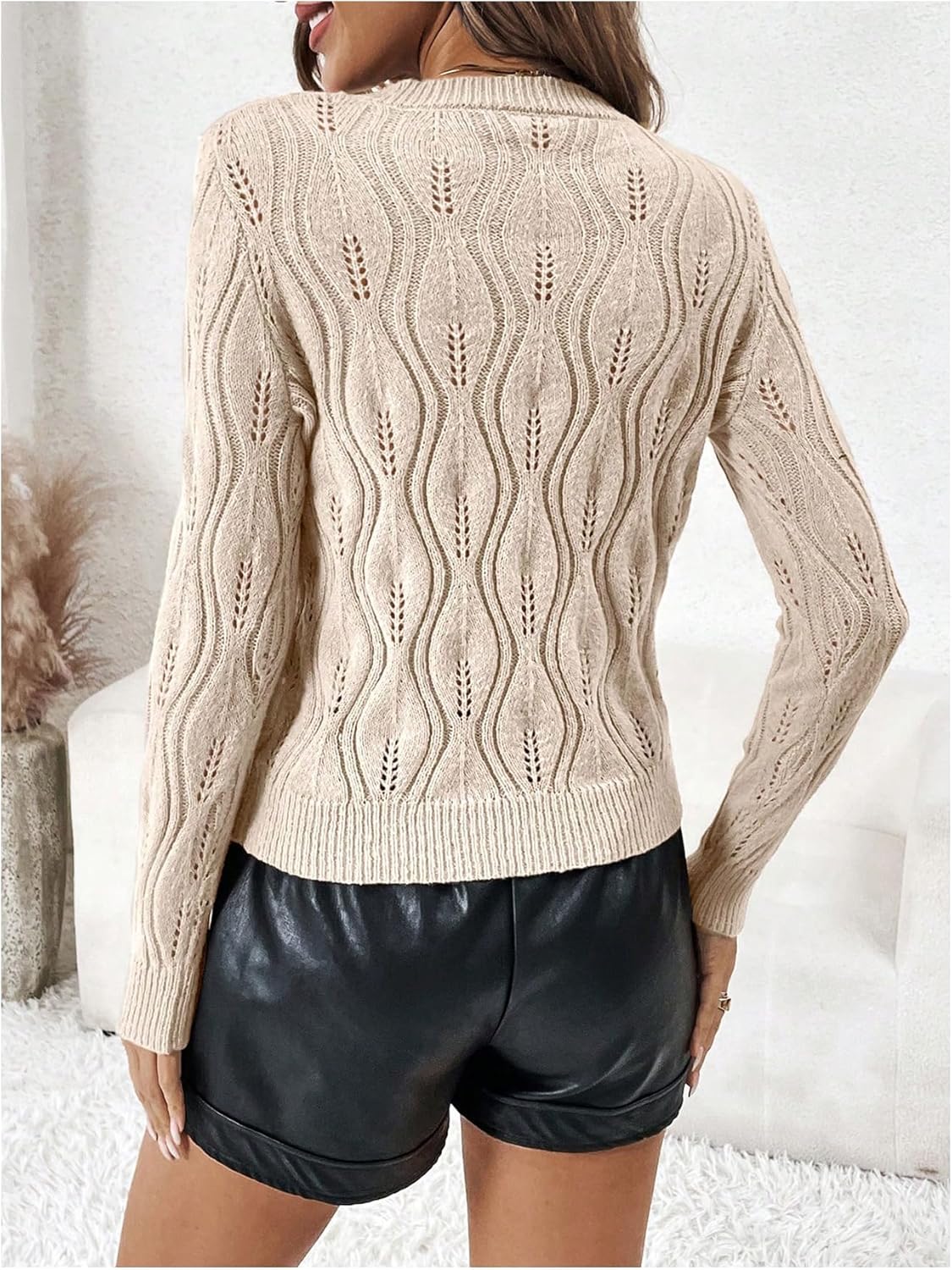 Women'S Pearls Cable Knit Sweater Casual round Neck Long Sleeve Pullover Top