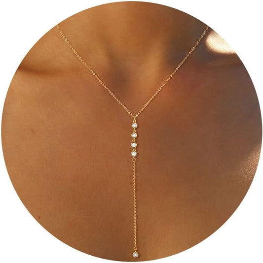 Lariat Gold Necklace for Women, Dainty Long Necklace 14K Gold Plated/Silver Y-Shaped Pendant Necklace Trendy Layered Cz Beaded Chain Drop Necklaces Simple Gold Jewelry for Women Gift