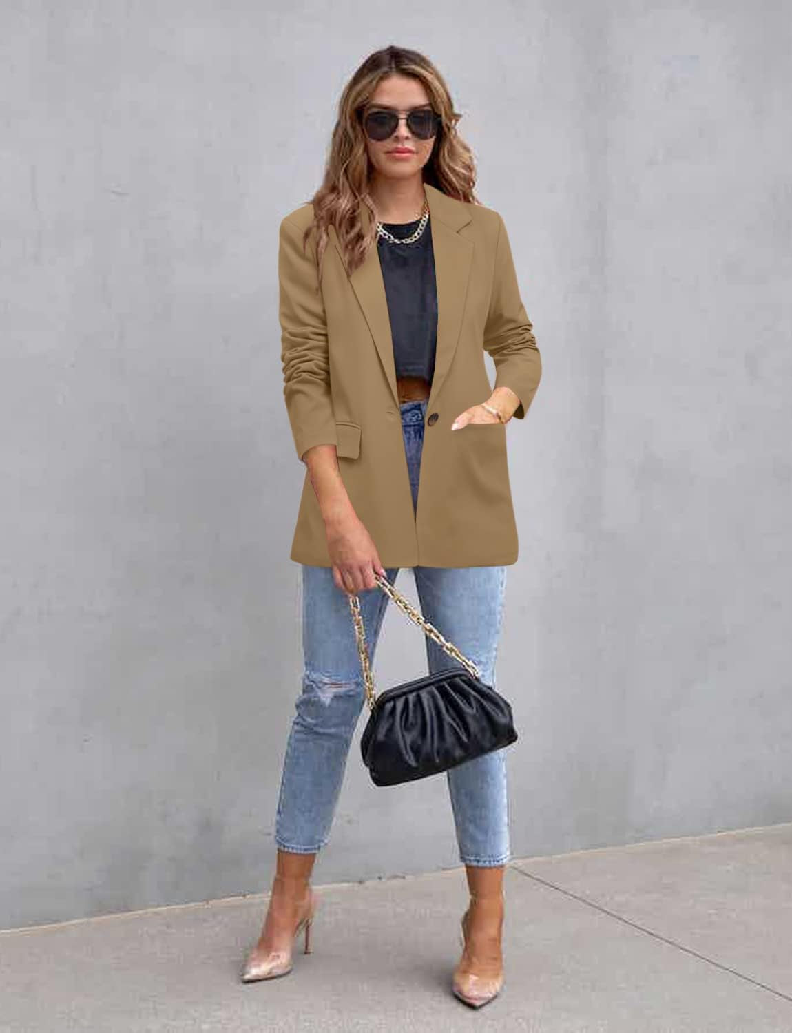 Womens Casual Blazer Jacket Long Sleeve Open Front Work Office Blazer Lapel Button Jacket