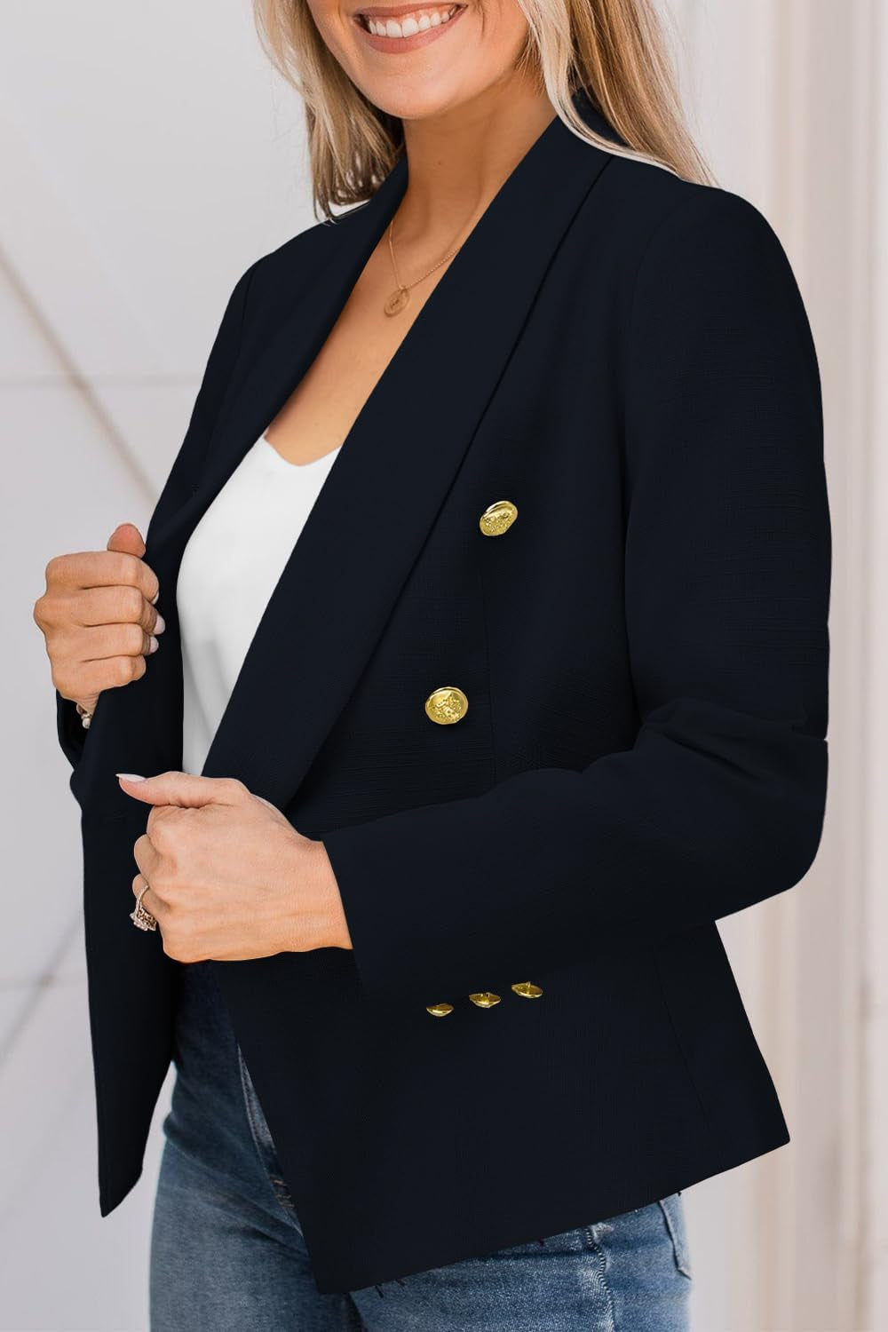 Womens Casual Blazer Jacket Gold Button Long Sleeve Work 0Ffice Blazer Lapel Jacket