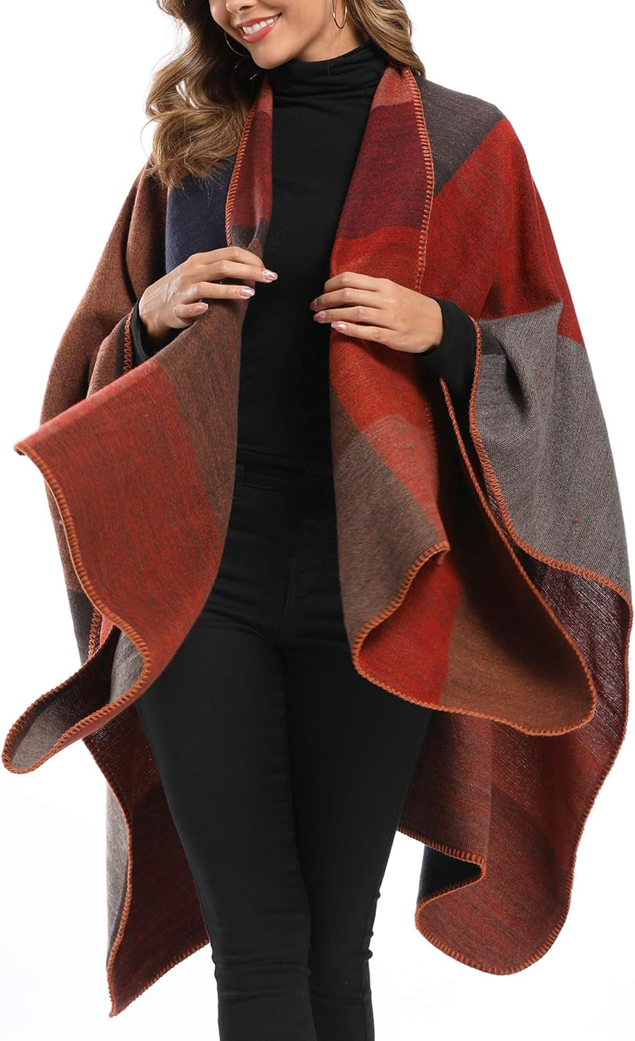 Women'S Color Block Shawl Wrap plus Size Cardigan Poncho Cape Open Front Long Winter Sweater Coat