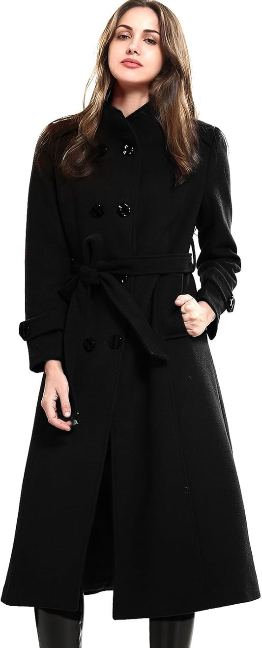 Women'S Wool Trench Coat Winter Double-Breasted Jacket with Belts