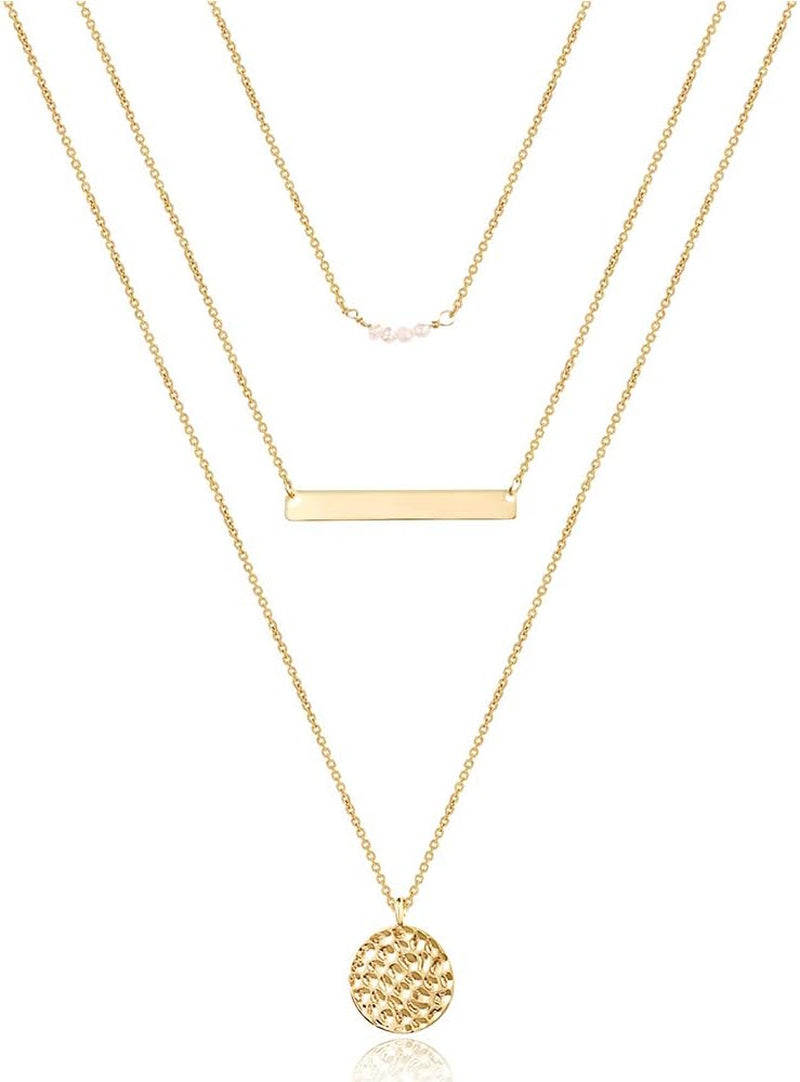 Dainty Layered Choker Necklace, Handmade 14K Gold Plated Y Pendant Necklace Multilayer Bar Disc Necklace Adjustable Layering Choker Necklaces for Women