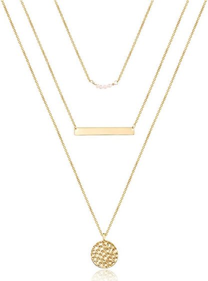 Dainty Layered Choker Necklace, Handmade 14K Gold Plated Y Pendant Necklace Multilayer Bar Disc Necklace Adjustable Layering Choker Necklaces for Women