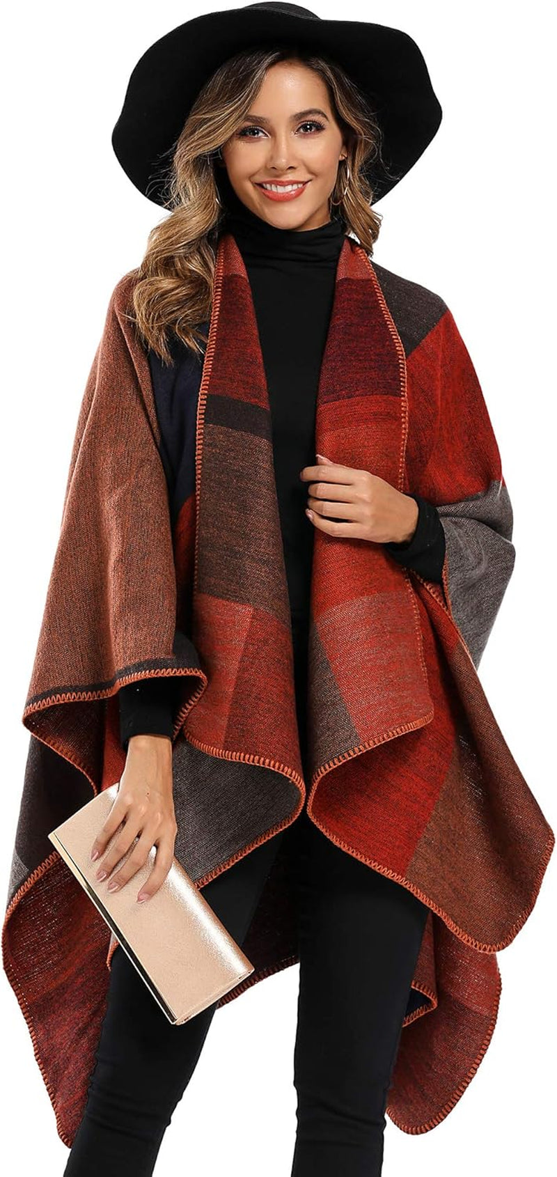 Women'S Color Block Shawl Wrap plus Size Cardigan Poncho Cape Open Front Long Winter Sweater Coat